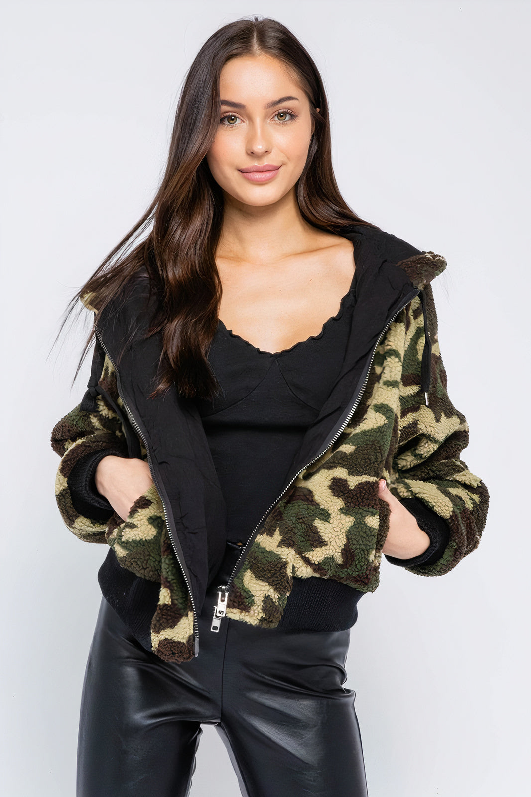 Camo Shearling Hoodie Jacket