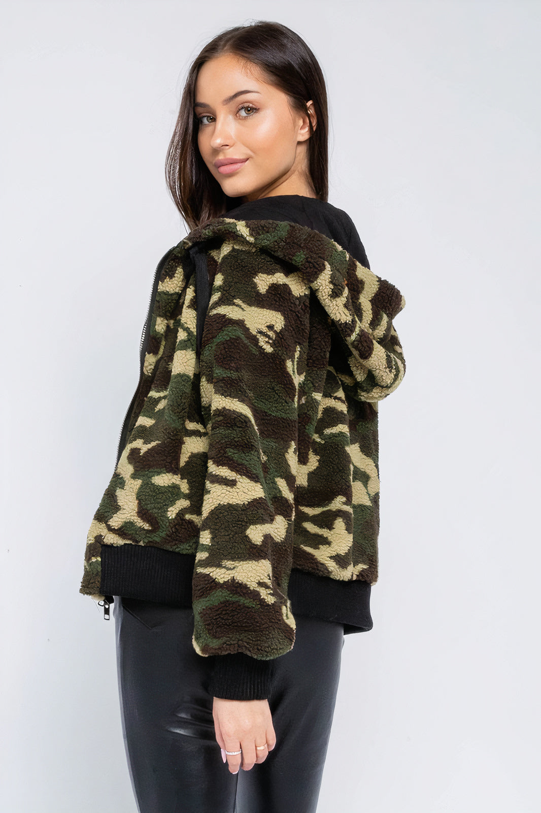 Camo Shearling Hoodie Jacket